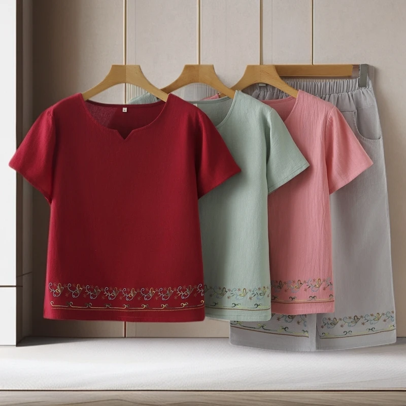 夏季妈妈装绣花短袖小衫套装中老年女装奶奶宽松休闲上衣两件套薄