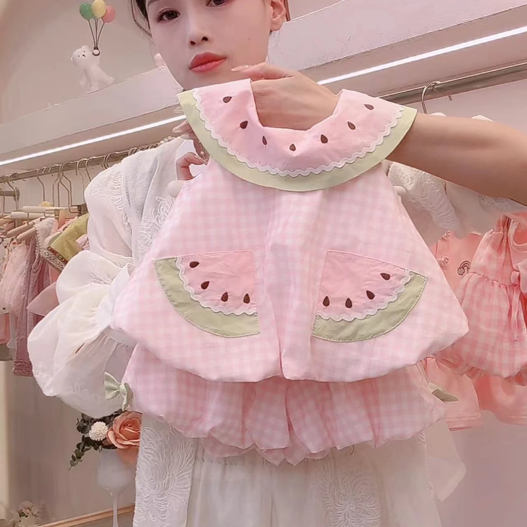 X231夏季新款韩版女童甜美洋气夏款时尚西瓜绣花套装