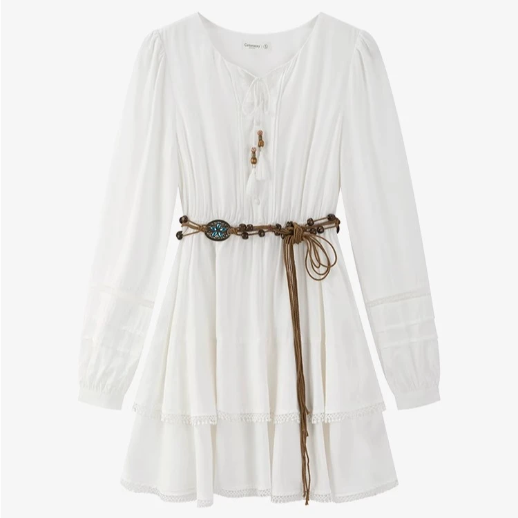 【现现】波西米亚度假风流苏白色长袖收腰连衣裙Y50148242