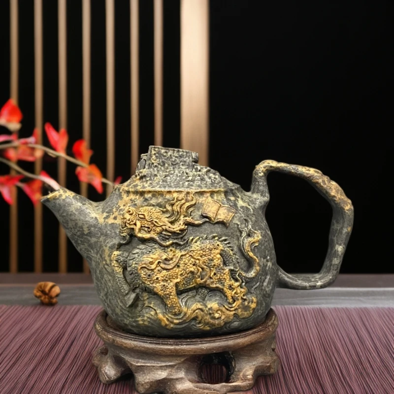 麒麟纳福壶整石雕刻沧海桑田7亿年冰碛岩纯手工创意随型壶260cc