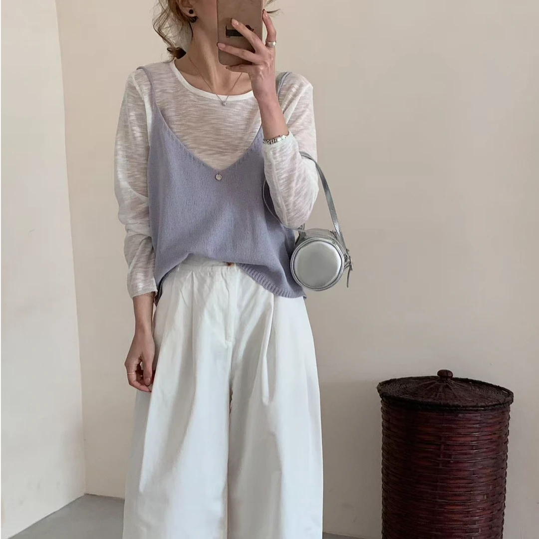 （单上衣）韩系温柔减龄百搭圆领针织可拆背心吊带两件套H4559