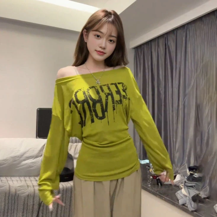 爆款辣妹女装宽松慵懒风设计感绑带收腰长袖T恤夏季防晒罩衫上衣
