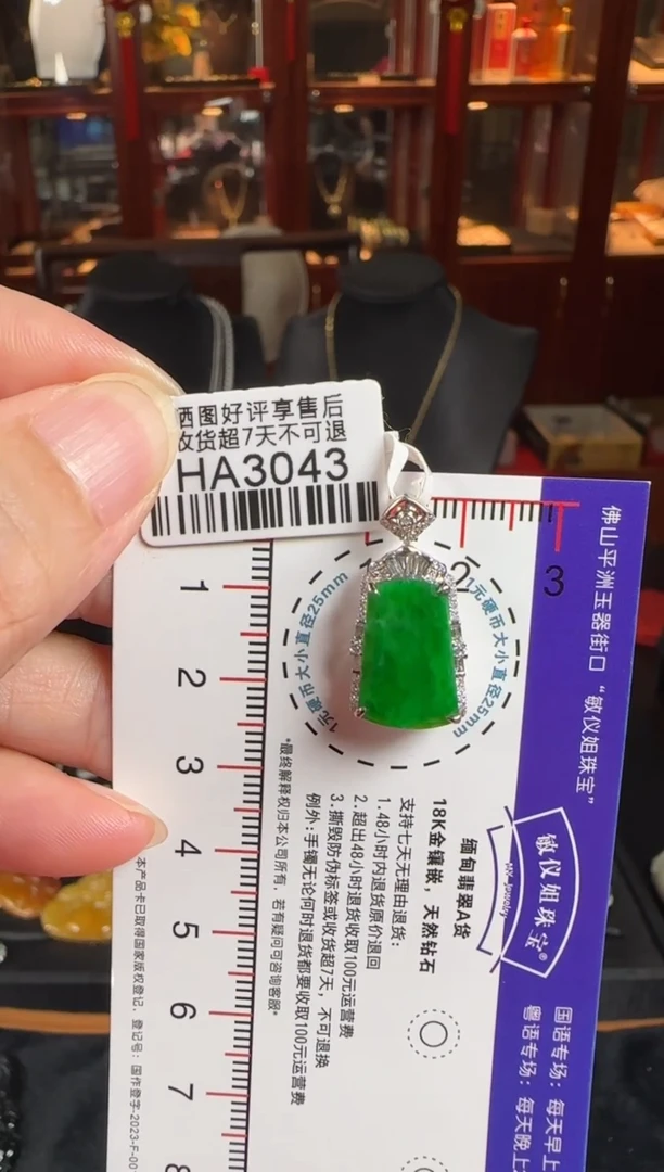 颈饰18K金镶嵌翡翠HA3043冰辣绿无事牌