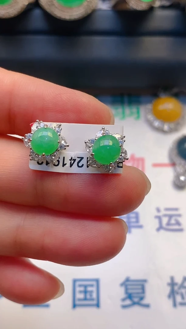【闪购商品】翡翠耳饰银S925镶嵌天然A货翡翠1