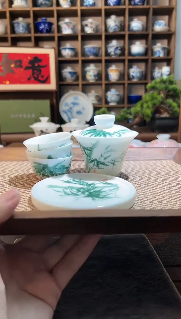 【闪购商品】手绘翠竹马蹄盖碗+送3个客杯+送盖置