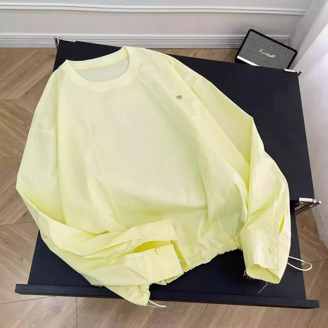 1087法式设计感纯棉上衣春季毛边袖设计下摆抽绳简约百搭圆领衬衫