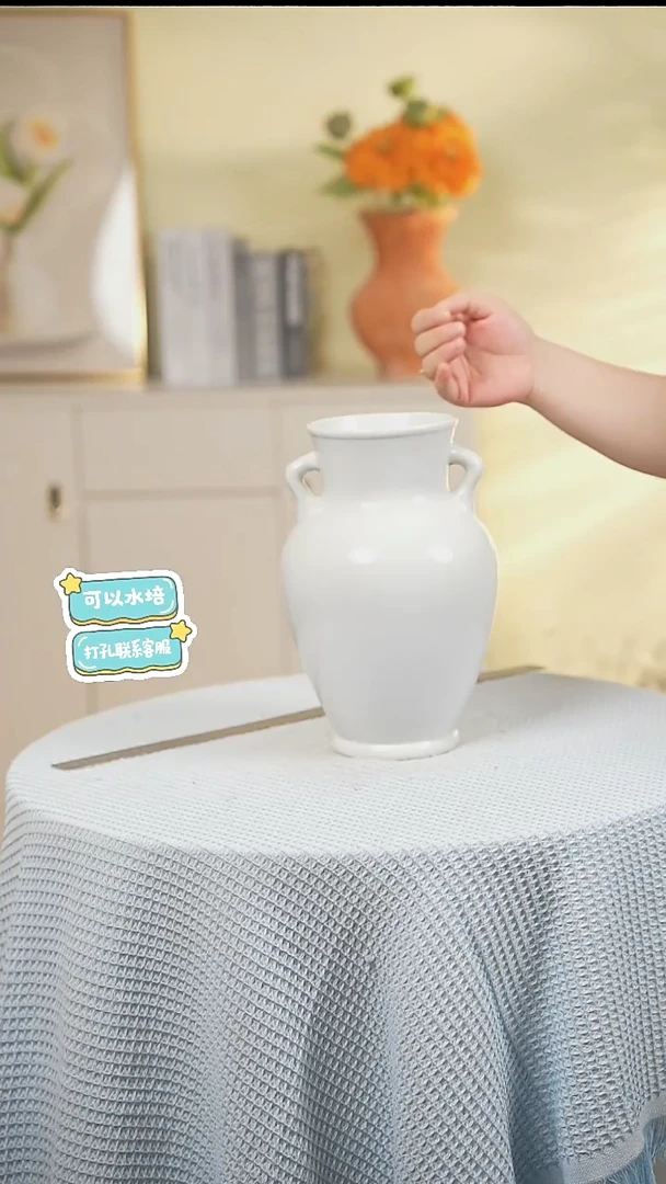 微瑕白色双耳尊景德镇高端陶瓷花瓶家居水培插花瓶