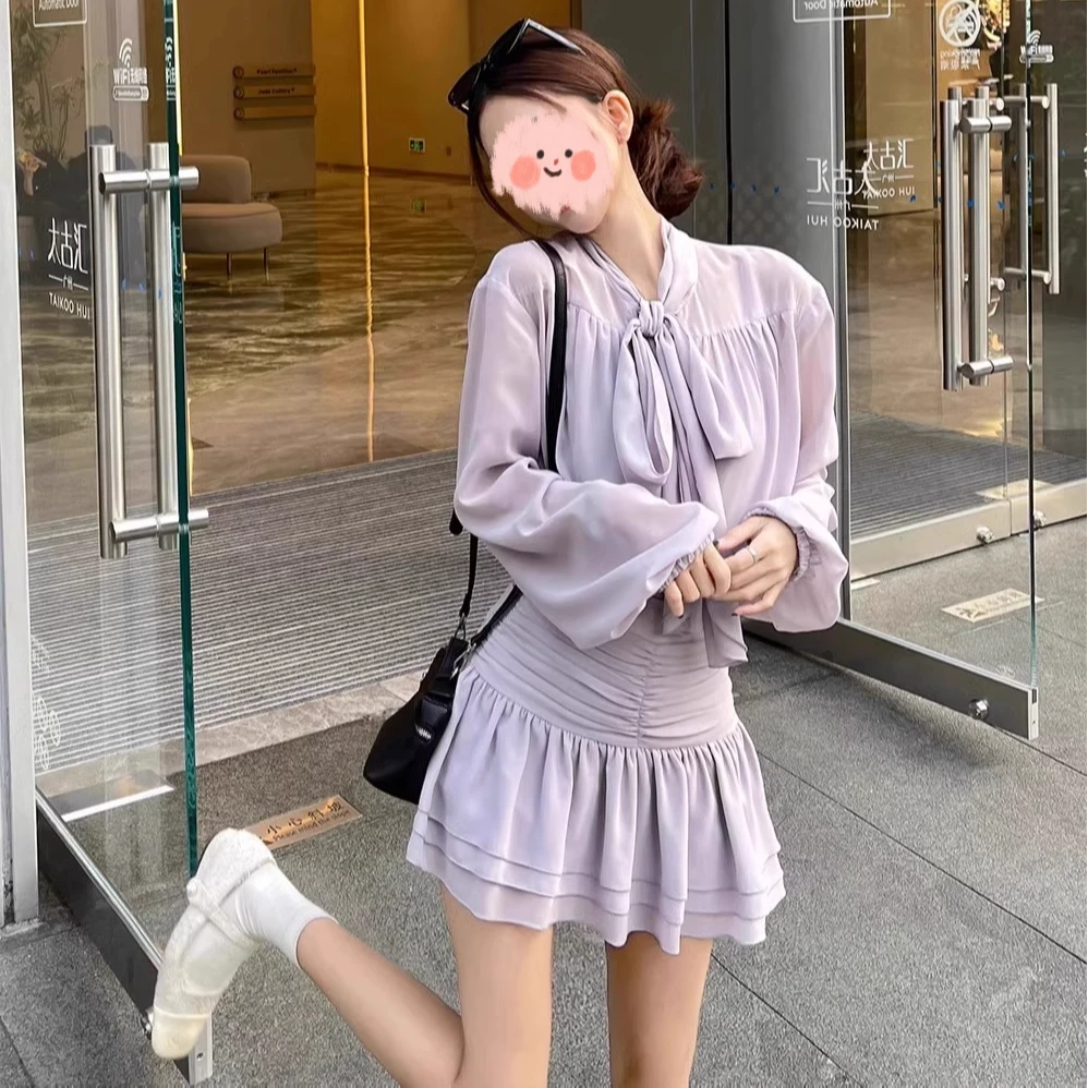 【闪光少女】温柔风紫色衬衫套装女衬衣独特上衣半身裙套装三件套-2