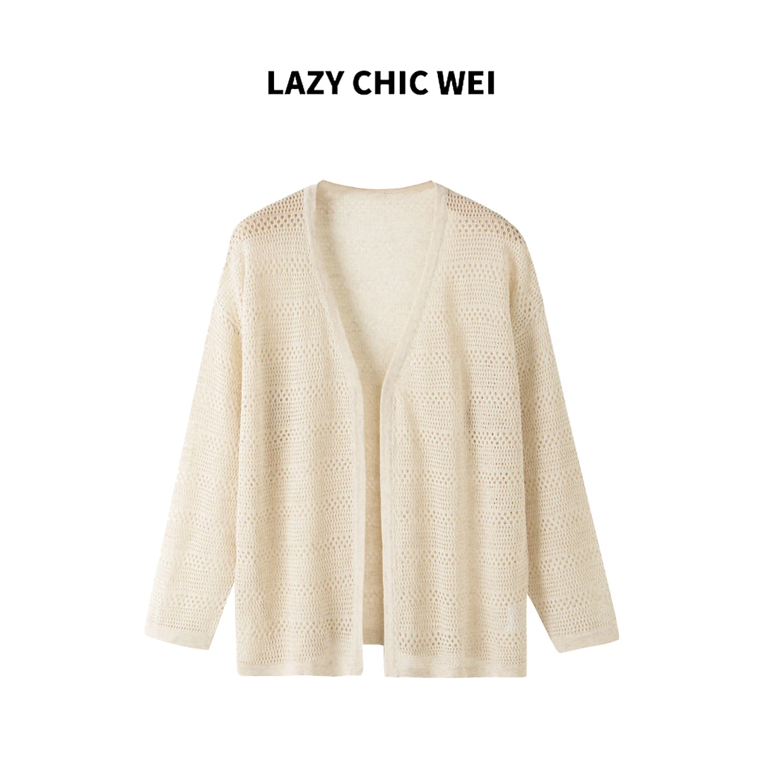 WEI 莱赛尔亚麻混纺透气镂空米色百搭气质针织开衫 2543SSW5365