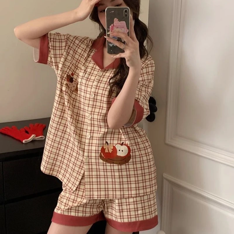 韩系ins风撞色格纹小狗甜美睡衣女夏季短袖网红可外穿家居服套装