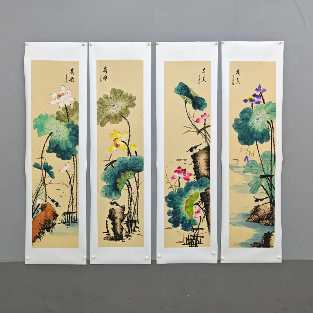 锦煌专属/李鲤手绘/荷韵四条屏/画芯138x34.5/四尺对开