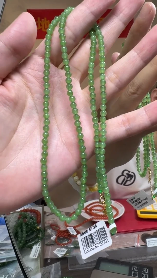 和田玉银S925镶嵌项链和田玉碧玉小米珠项链约4mm