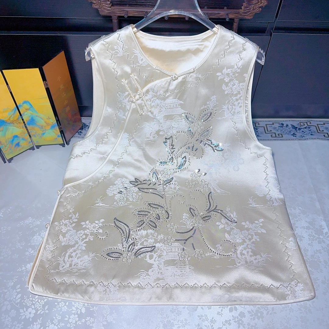 原创国风三醋酸重工钉珠刺绣新中式中长款马甲背心高级感斜襟马甲