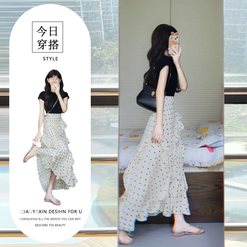 夏装搭配一整套时尚韩系设计感小众荷叶边波点半身长裙子夏两件套