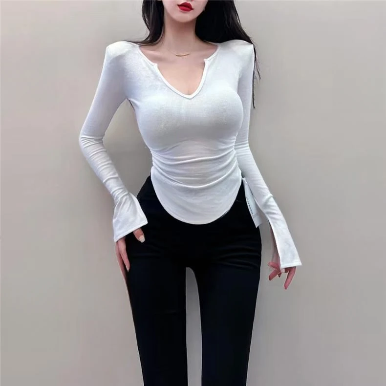 YIDENG纯欲辣妹韩版气质收腰显瘦长袖t恤磨毛紧身内搭打底衫