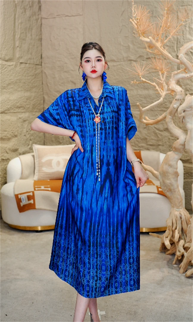 高端【蓝色波纹】夏季新款休闲百搭洋气减龄显瘦大码女连衣裙-1562#