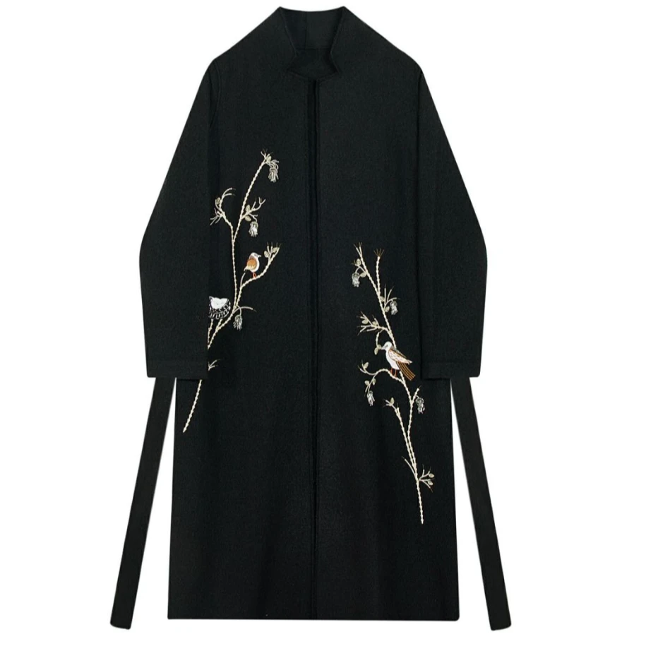 YANG GZ清【青花优韵】新中式长款绣花呢羊毛大衣外套女 GZQ009