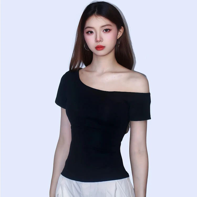 跨境女装爆款名模INS风露肩斜肩修身黑色T恤紧身t恤打底气质高腰