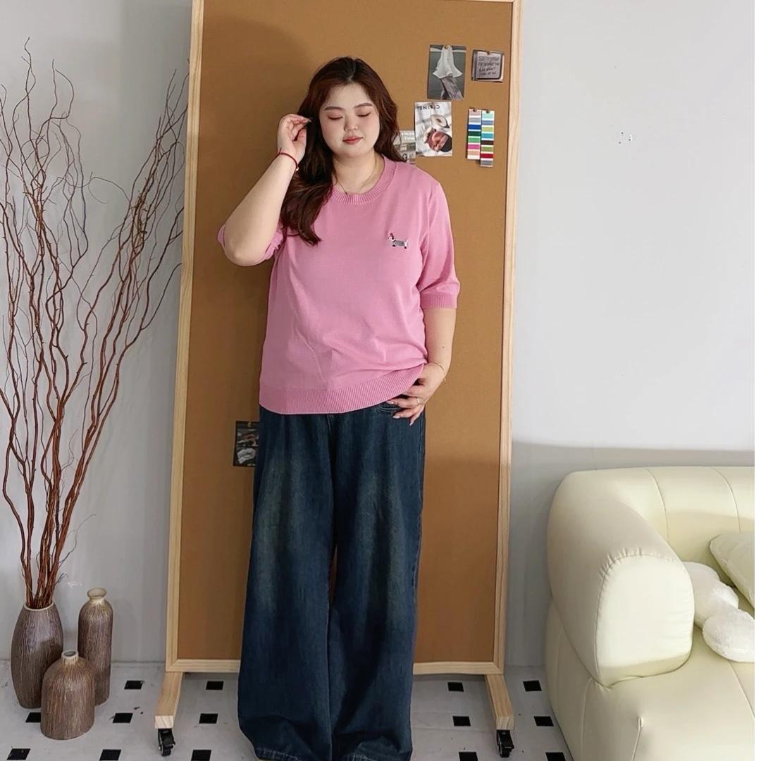 3878大码春夏新款2025宽松显瘦刺绣针织衫上衣微胖mm百搭短袖毛衣