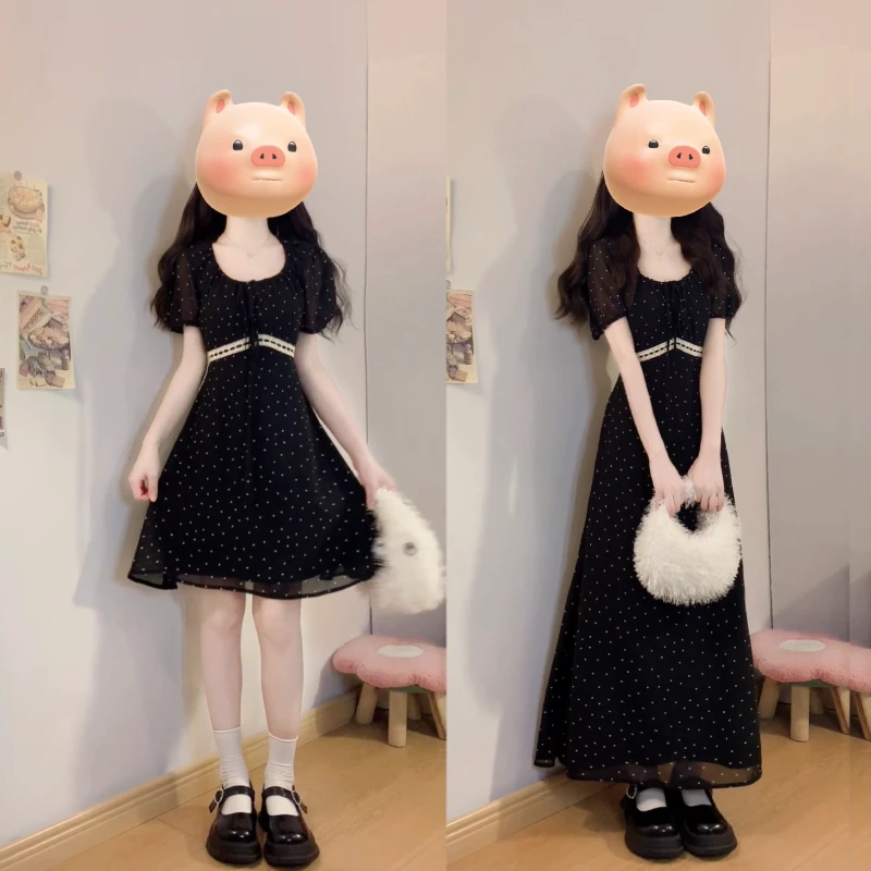 大码【黑色柳丁】法式波点连衣裙收腰显瘦拼接小众洋气长短款裙子仙