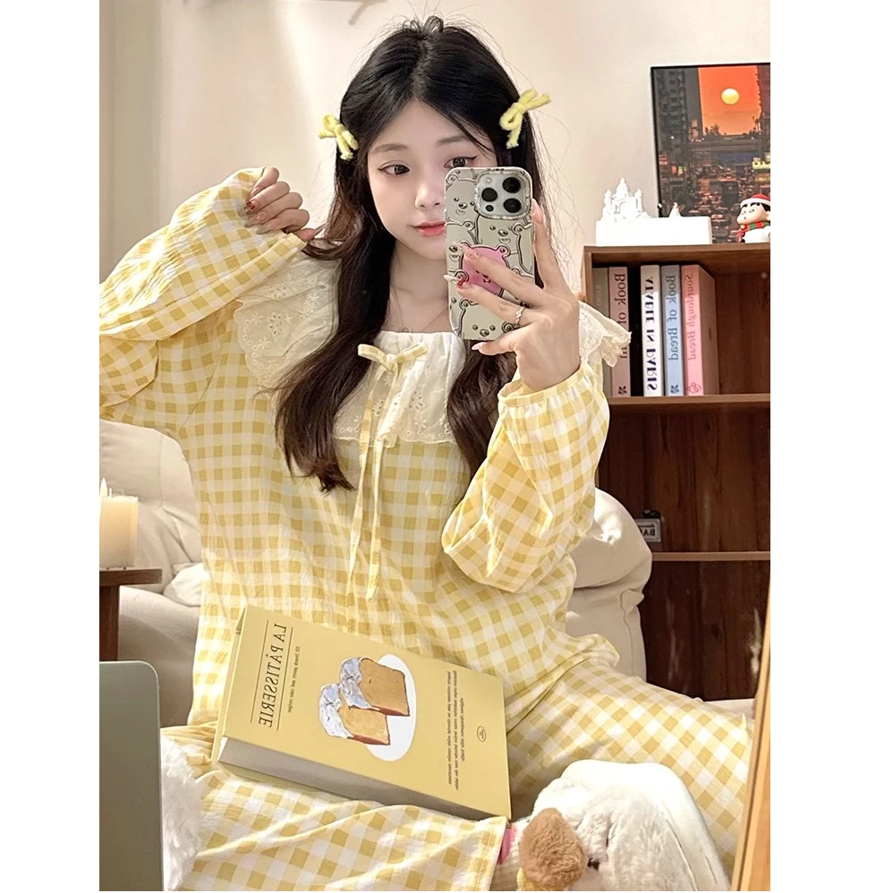 小清新黄色格子ins蕾丝花边套头甜美宽松睡衣女2025冬季韩版套装