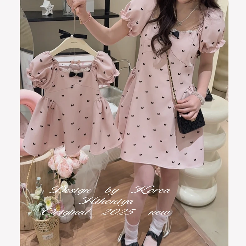 女童粉色连衣裙2025夏季新款女孩网红洋气女孩蝴蝶结泡泡袖公主裙