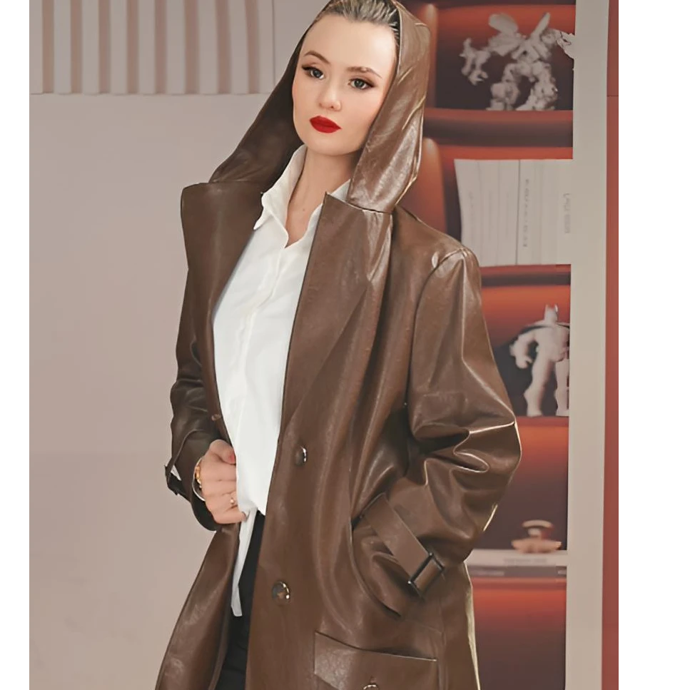 910新款带帽皮短款风衣