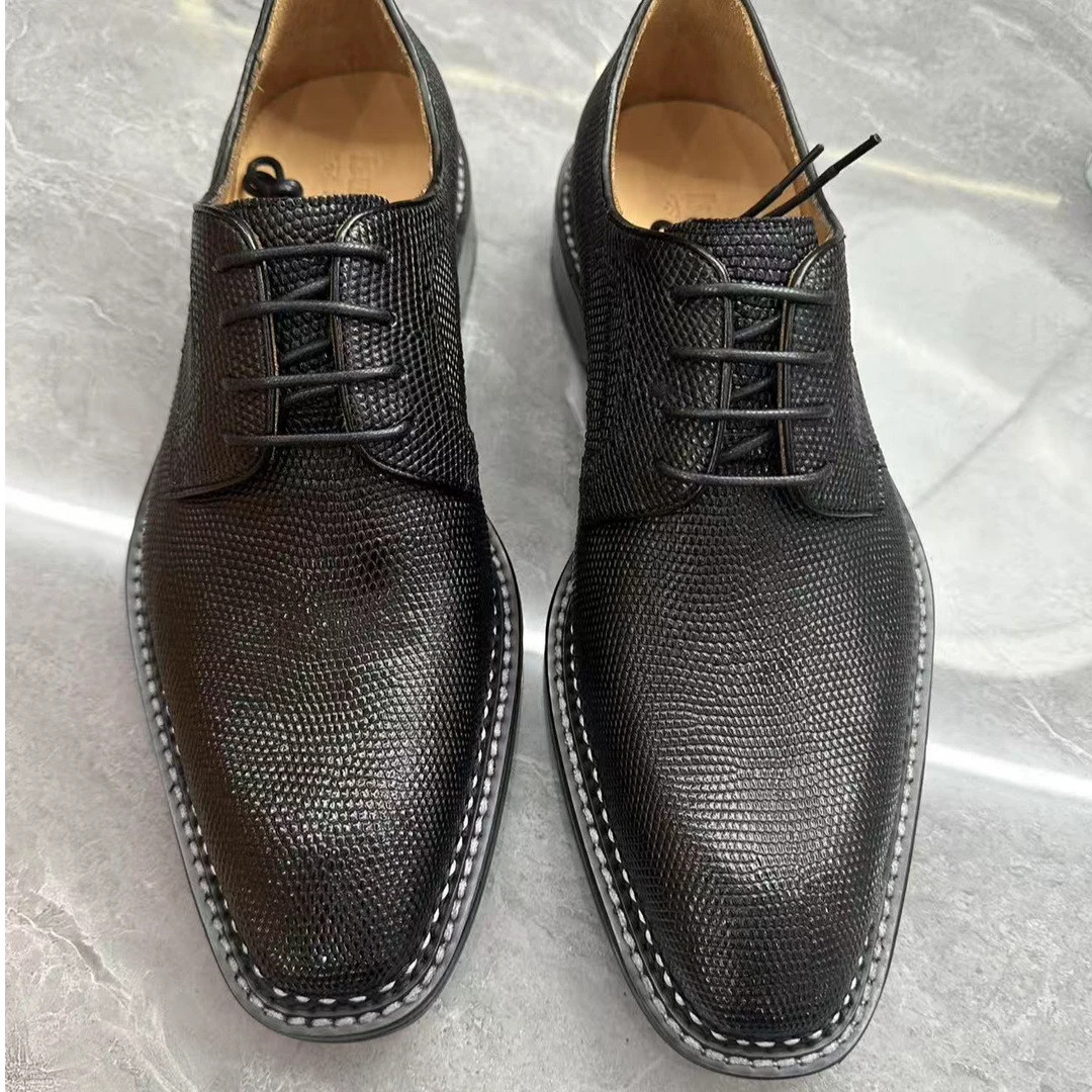 【Bujan】蜥蜴德比款挪威缝线牛皮底男士休闲皮鞋时尚商务男鞋黑色