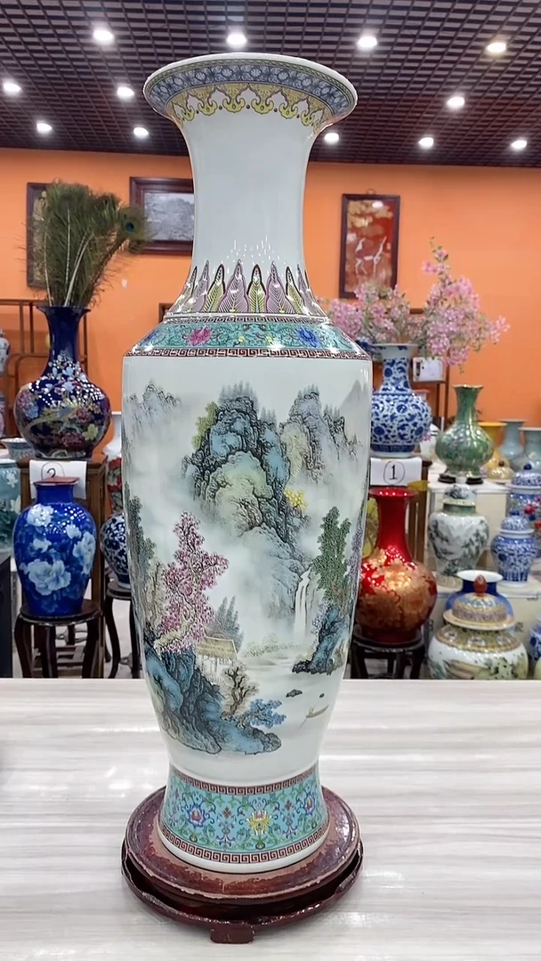 摆件景德镇陶瓷花瓶家居摆件阑林出谷飞瀑落地大花瓶+旋转底座