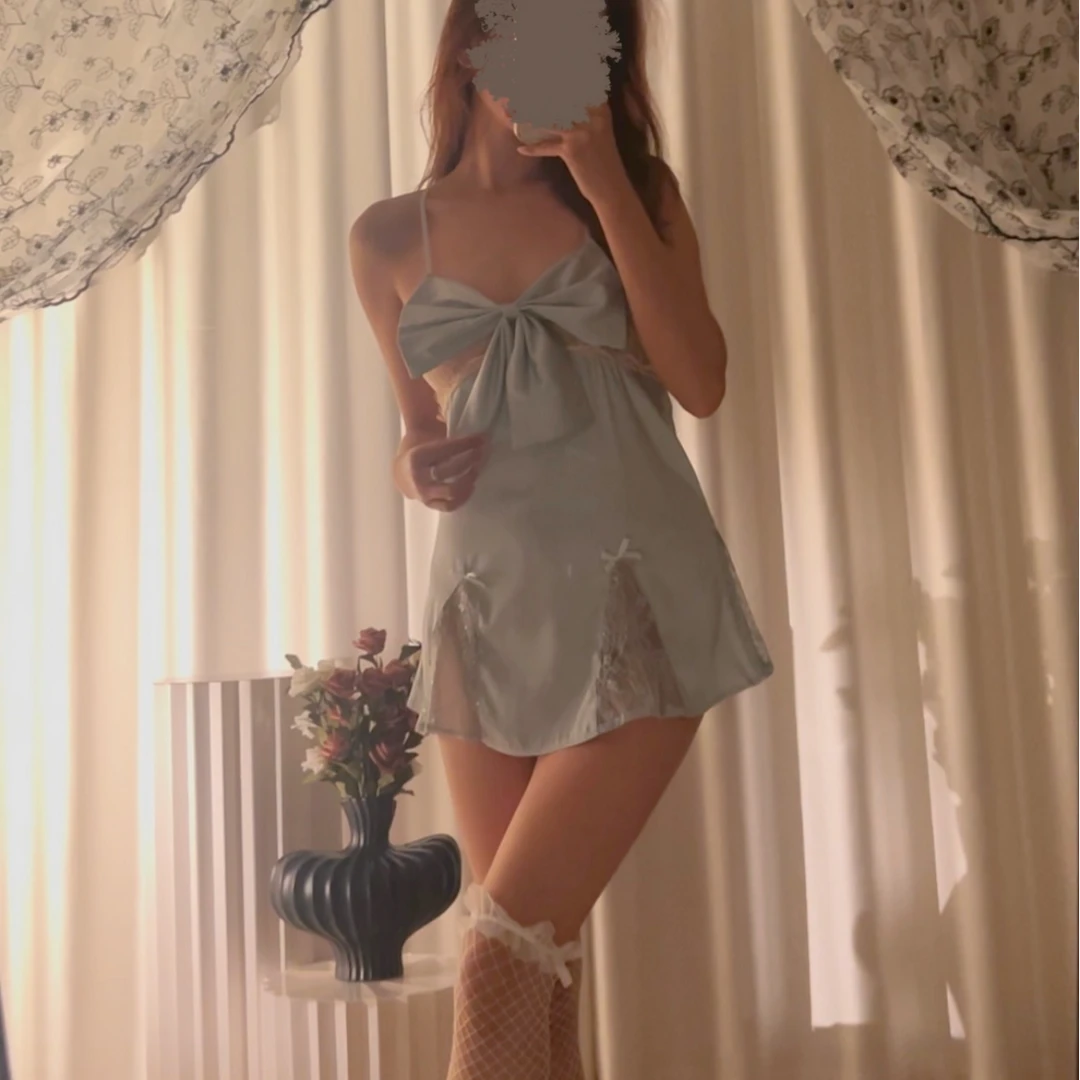 【晨曦】性感纯欲大蝴蝶结吊带蕾丝美背修身气质御姐显瘦镂空睡裙