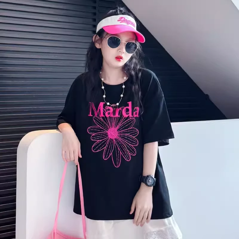 女童短袖t恤夏装2025新款儿童夏季纯棉衣服女孩大童黑色上衣薄款