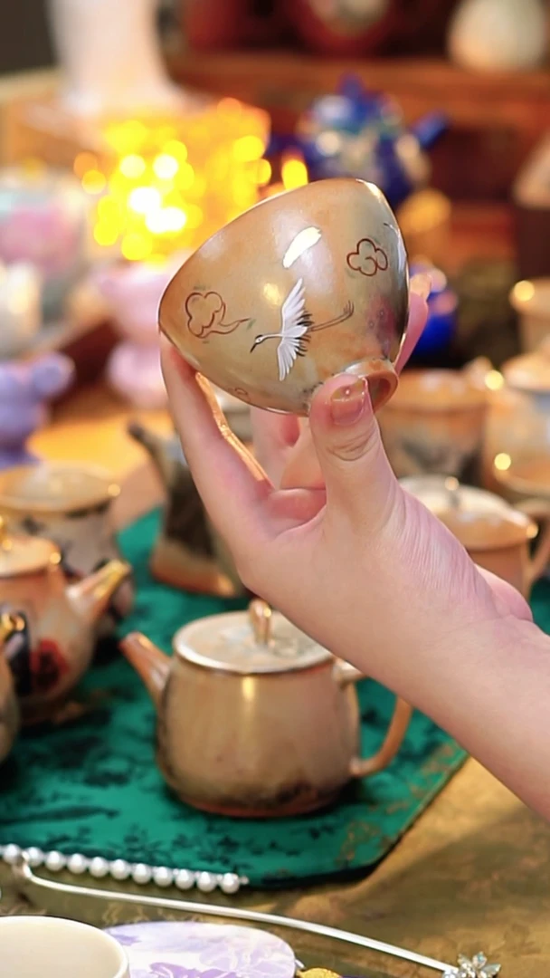 手柄款瓷赤志野孤品仙鹤杯