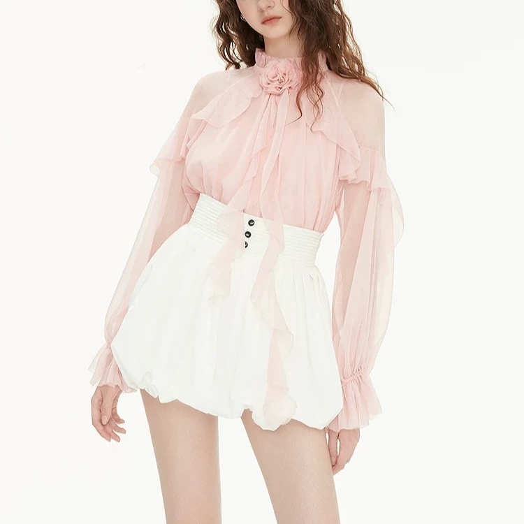 独特漂亮初春上衣2025新款立体玫瑰花朵粉色衬衫气质荷叶边雪纺衫