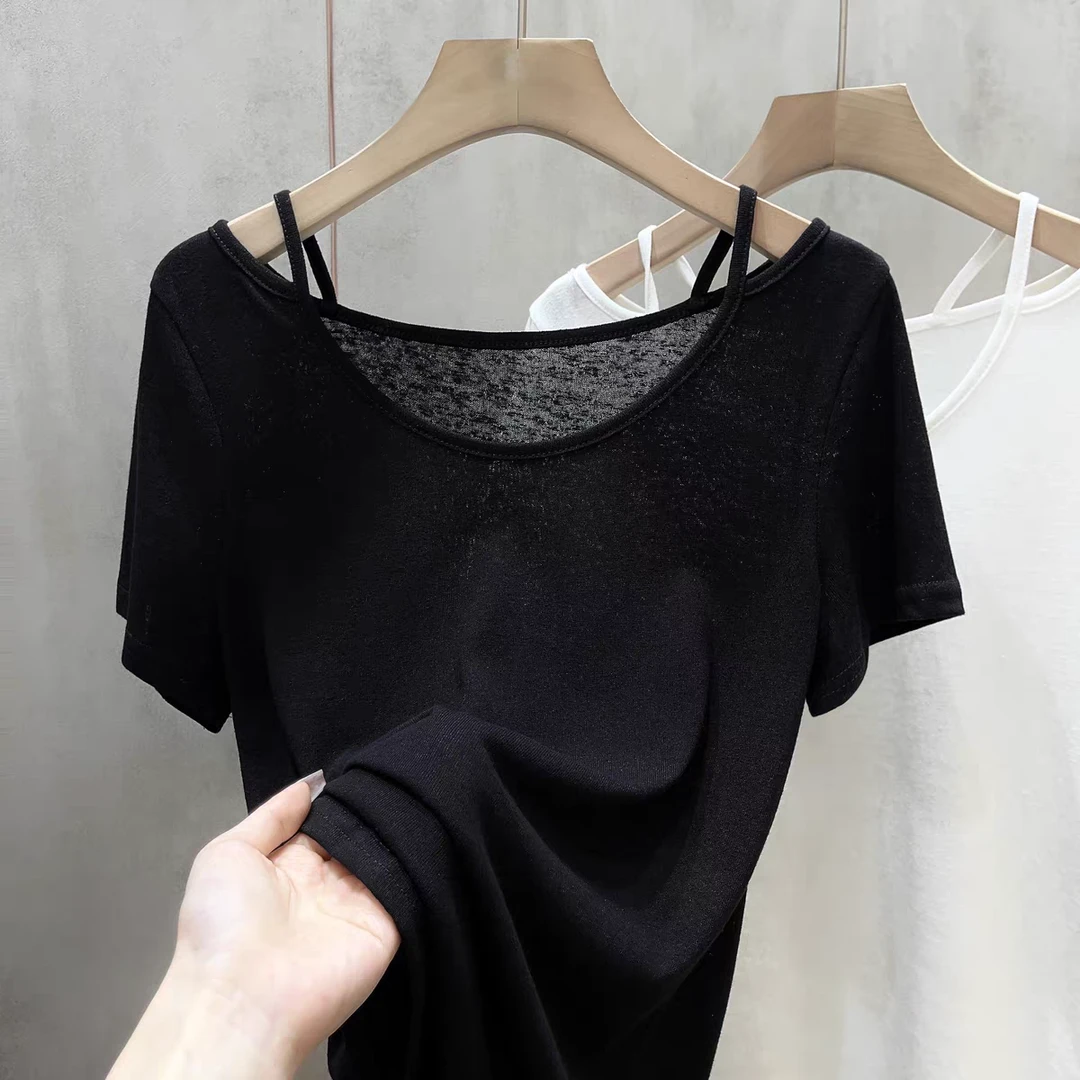 设计感露锁骨短袖t恤夏季女装薄款韩系宽松显瘦镂空小众气质上衣