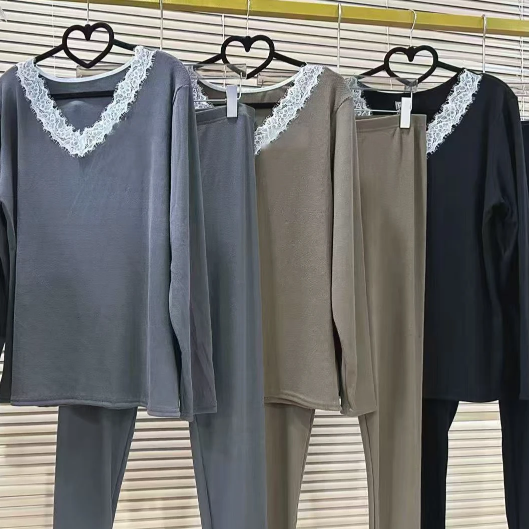 V领蕾丝双面螺纹薄绒保暖套装秋冬季秋衣秋裤家居服套装