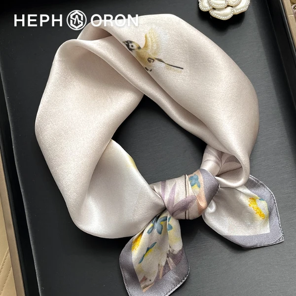 HEPHSORON真丝丝巾灰色山茶花系脖高级感桑蚕丝小领巾礼盒送长辈