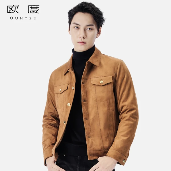 OUHTEU/欧度【工装风】冬季工装风茄克烧花品牌logo翻领外套男3705