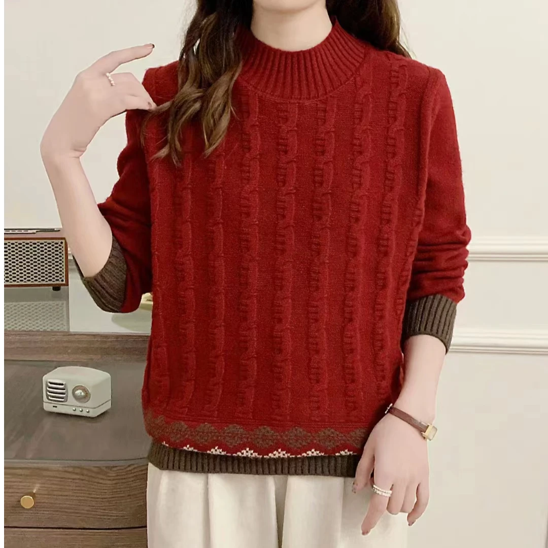 慵懒风半高领套头厚款羊毛衫下摆提花八字绞