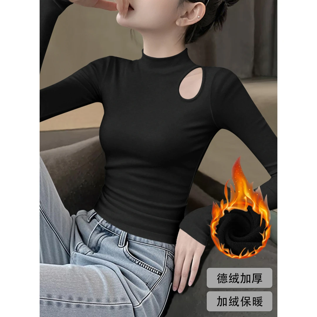 德绒白色镂空半高领长袖内搭女2025秋冬新款加厚内搭修身洋气上衣