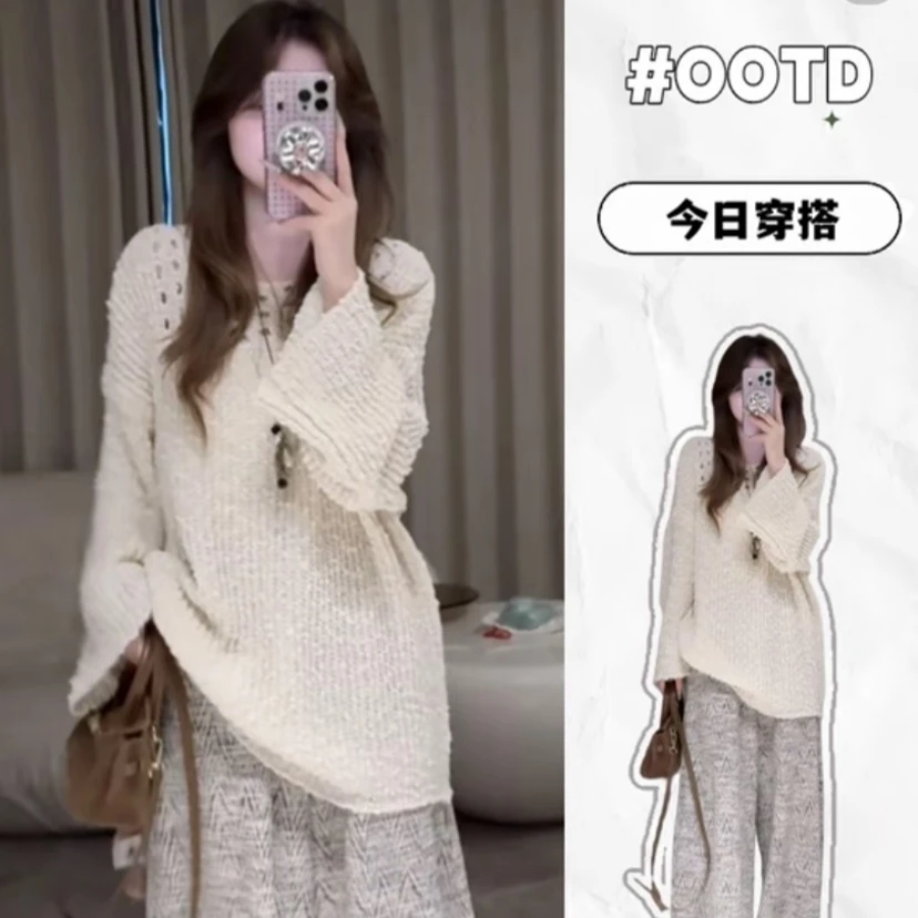 韩系一字肩早秋镂空颗粒感软糯针织衫女慵懒风氛围感高级套头毛衣