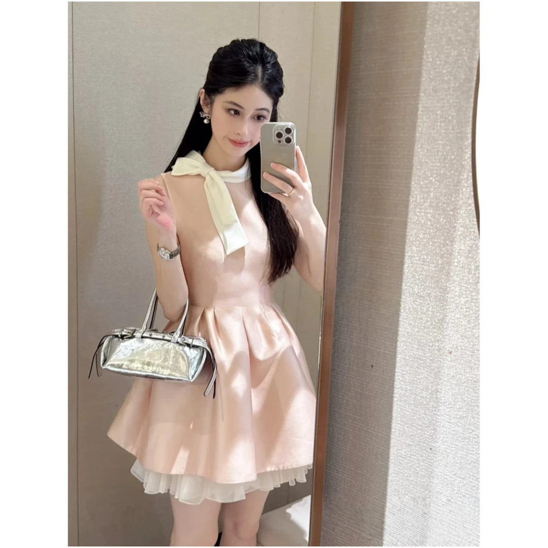 韩系连衣裙2025早秋新款法式复古赫本风撞色蝴蝶结无袖收腰蓬蓬裙