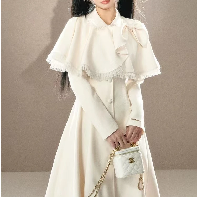 设计法式贵气高级感收腰蝴蝶结长款斗篷毛呢大衣女