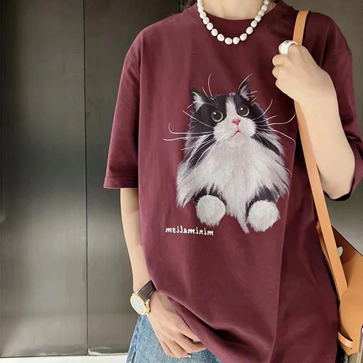 美式2025新款小众设计宽松显瘦遮肉上衣酒红色短袖t恤女夏季遮臀