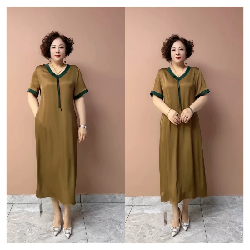 502高档醋酸真丝缎连衣裙妈妈宽松大码V领撞色国风流苏遮肉长裙子