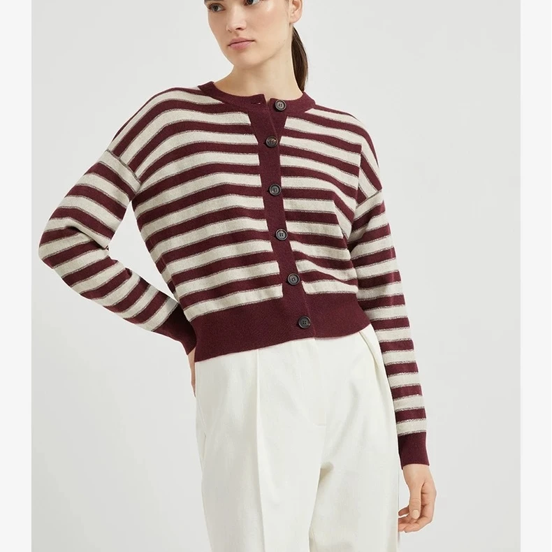 【B家女装早秋新品】奢侈品  圆领休闲条纹羊绒针织开衫11502