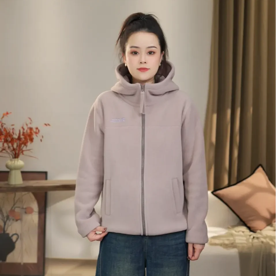 【沐沐】冬季新款保暖舒适休闲百搭双面绒加绒加厚防风连帽开衫外套