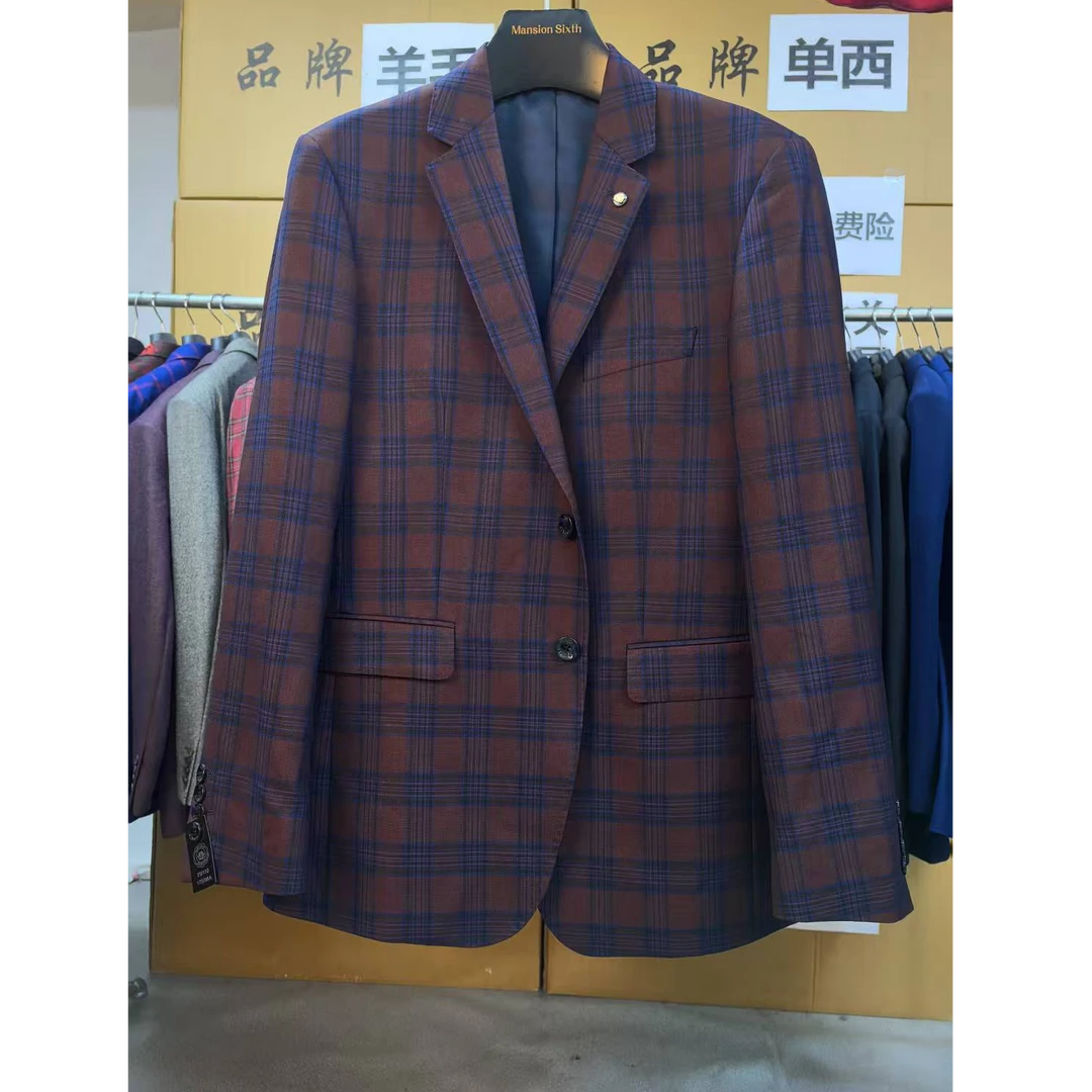 希家-酒红色蓝条纹格子修身格纹西服上装休闲上衣时尚男装