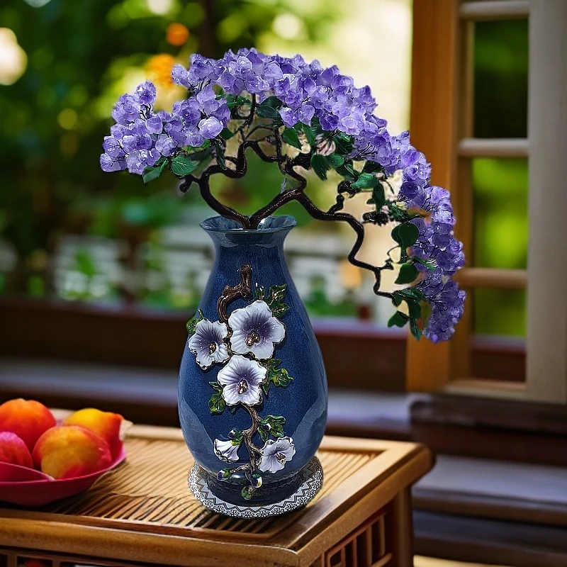 【卓越轻奢原创】蓝梦花语珐琅水晶树摆件陶瓷迎客松摆件纯手工点缀