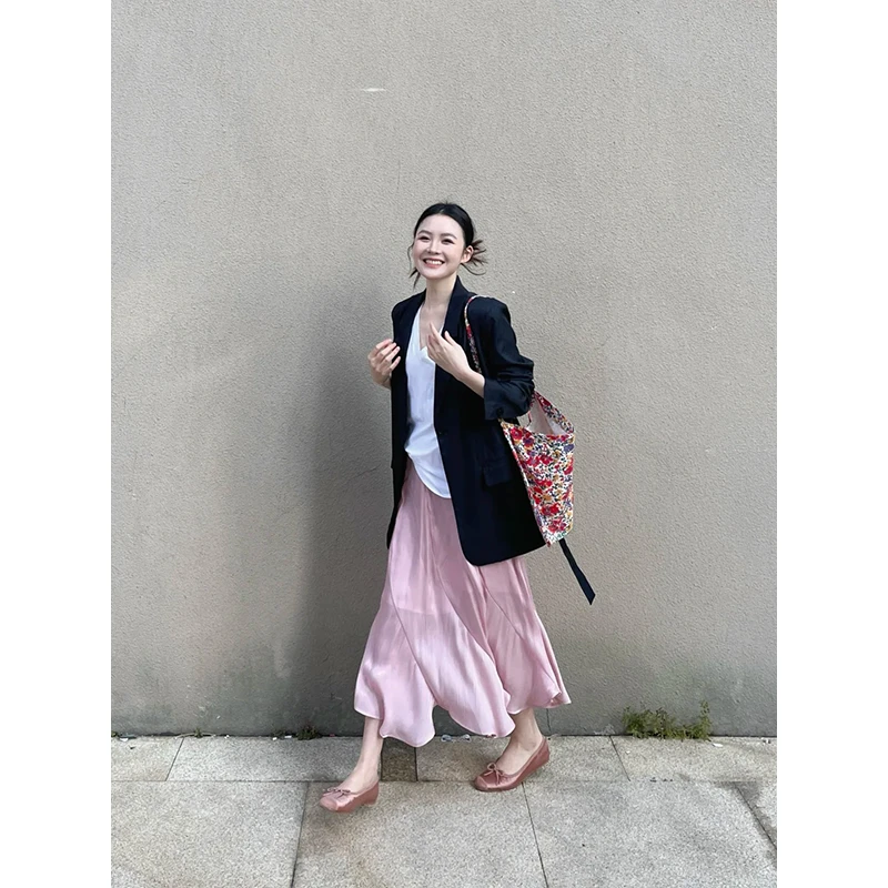 2025秋季新款黑色宽松气质高级西装外套女鱼尾小众设计感粉色半裙