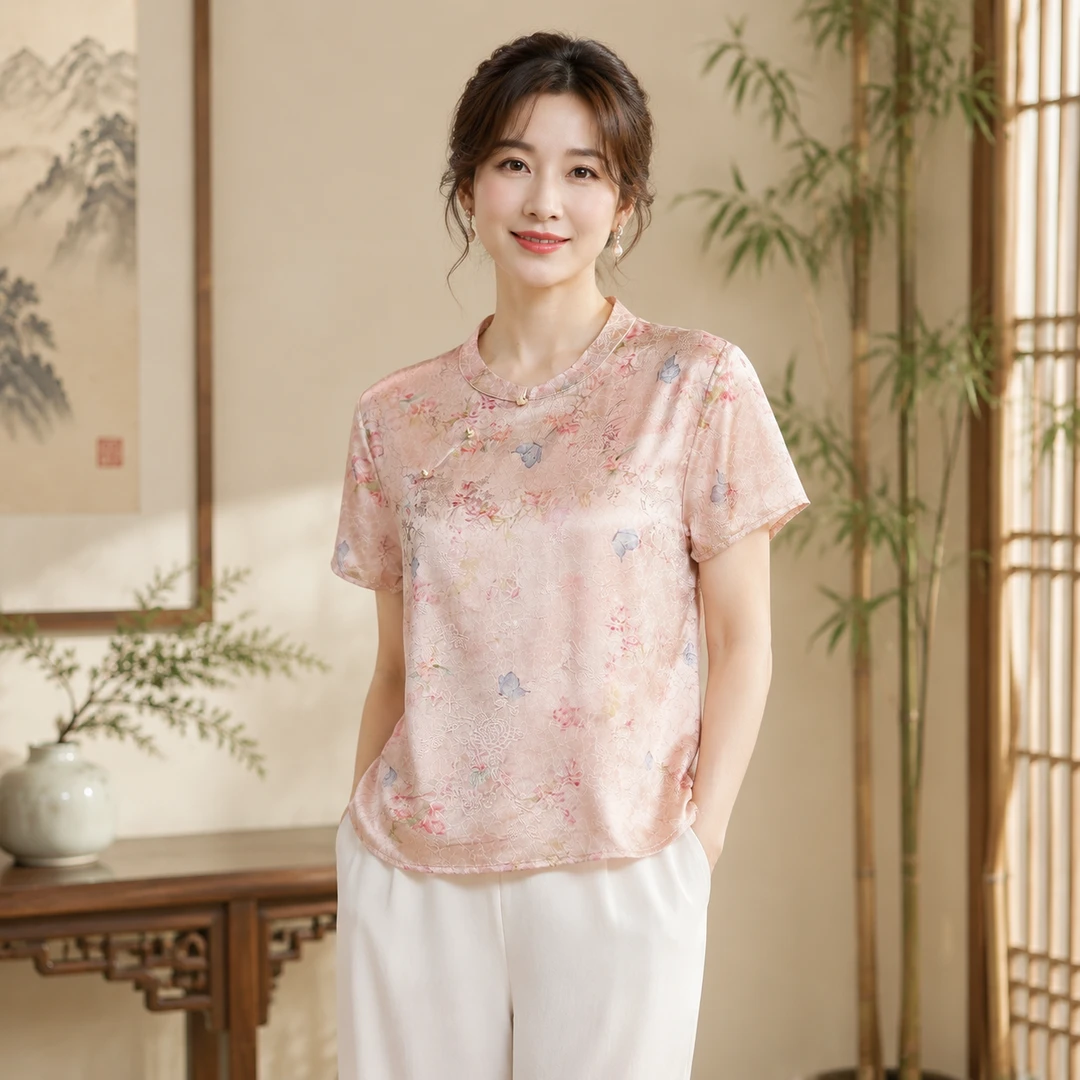 浅杏碎玉海棠花立领新中式短袖小衫【S33】